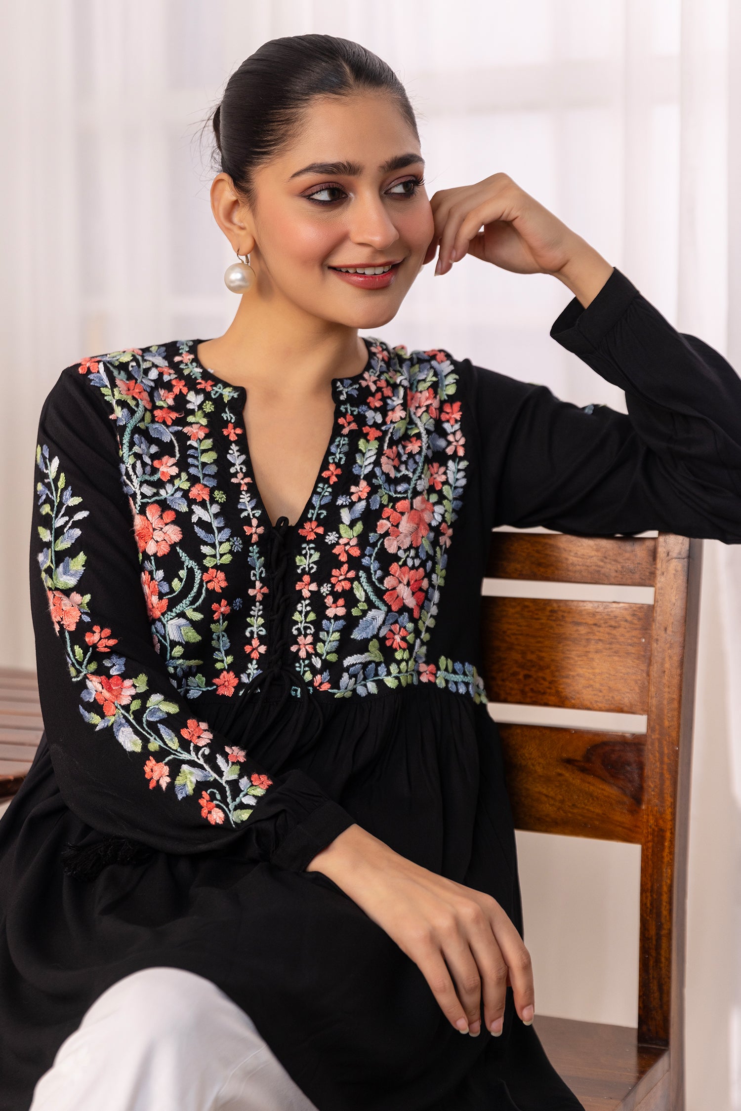 Rayon Chikankari Short Kurta - Black