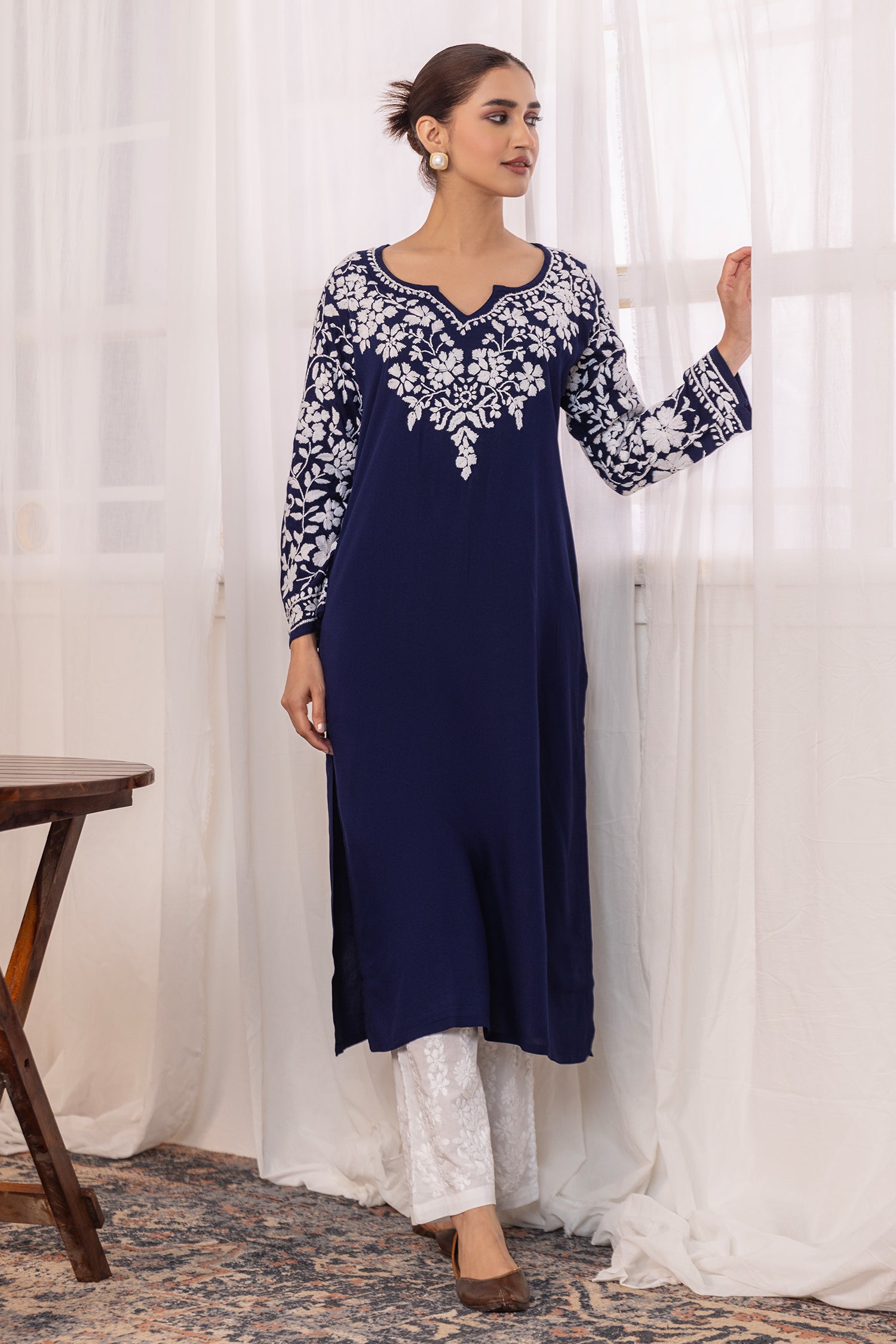Rayon Chikankari Long Kurta - Navy Blue