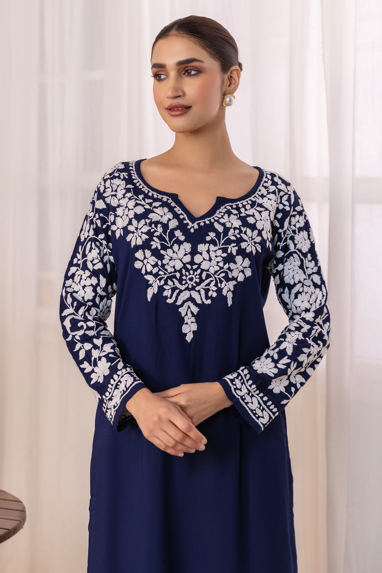 Rayon Chikankari Long Kurta - Navy Blue