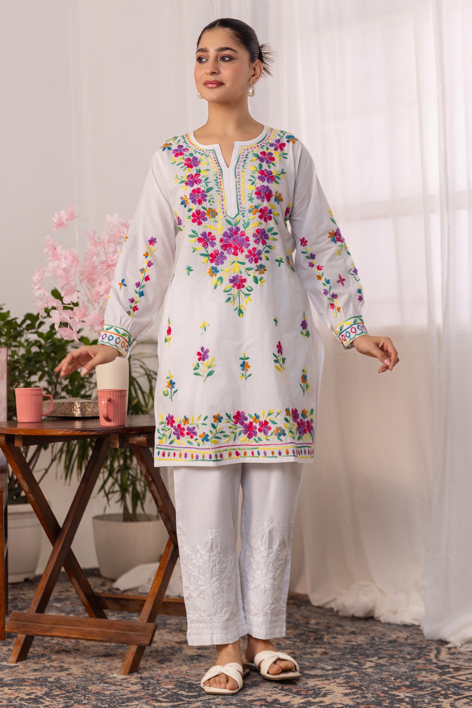 Cotton Chikankari Long Kurta - White