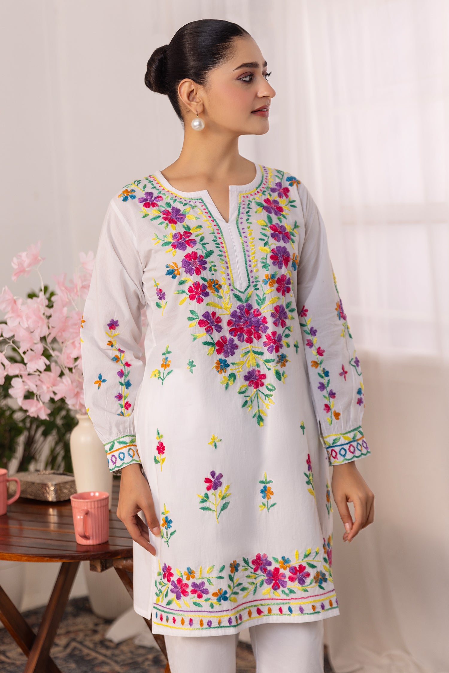 Cotton Chikankari Long Kurta - White