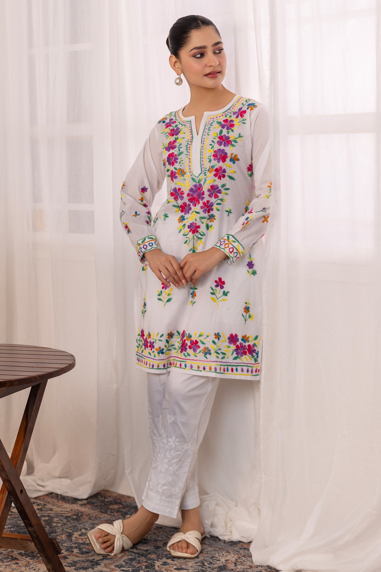 Cotton Chikankari Long Kurta - White
