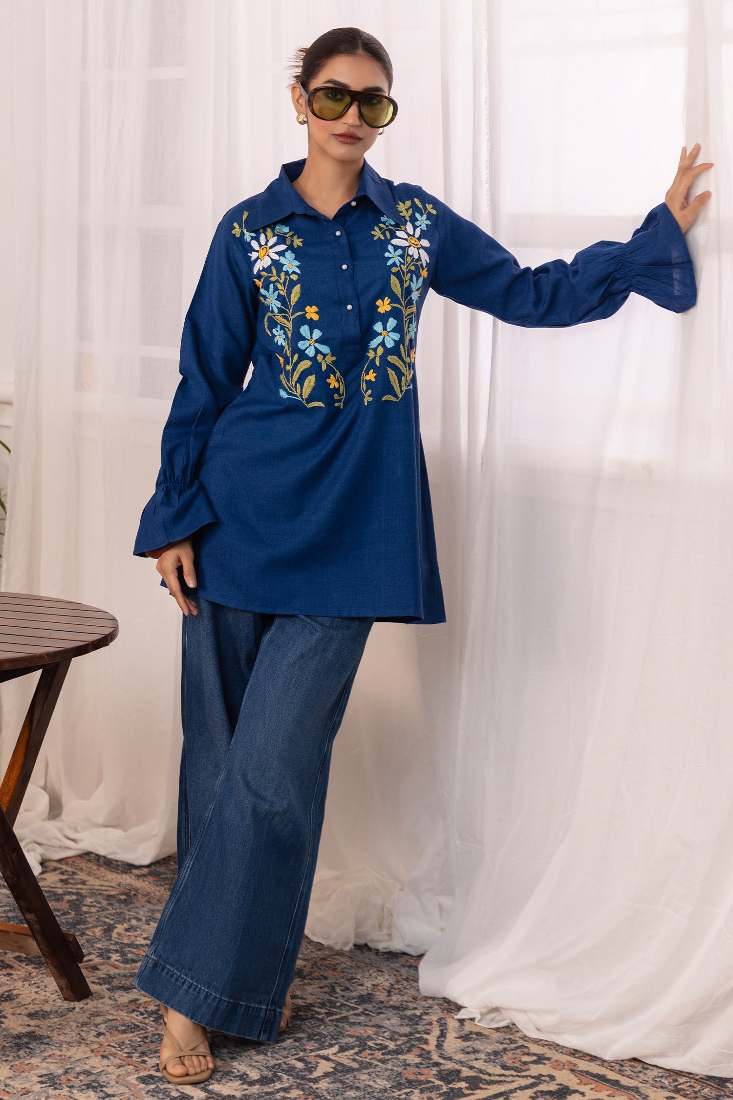 Denim Cotton Chikankari Shirt Kurta