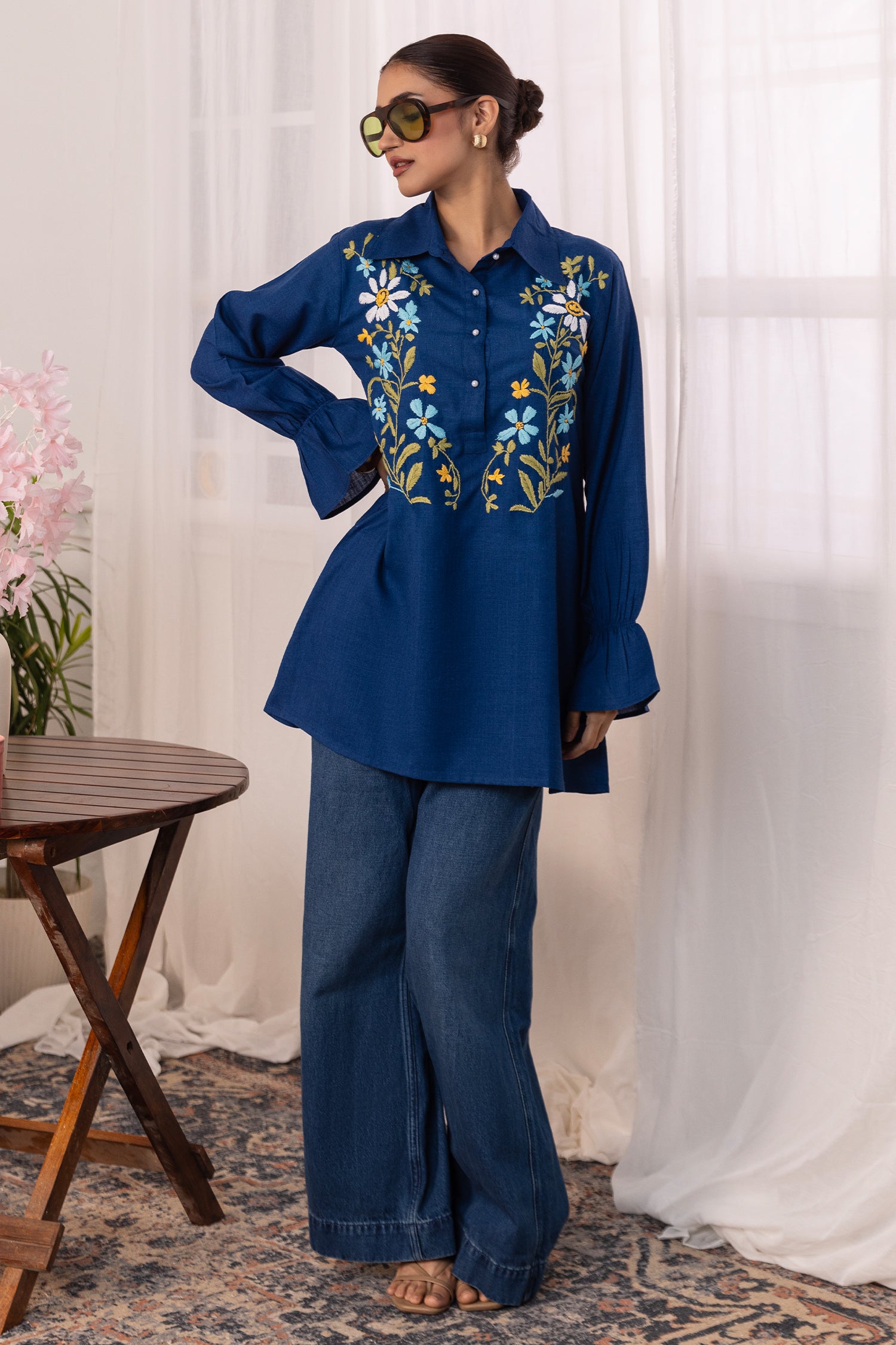 Denim Cotton Chikankari Shirt Kurta