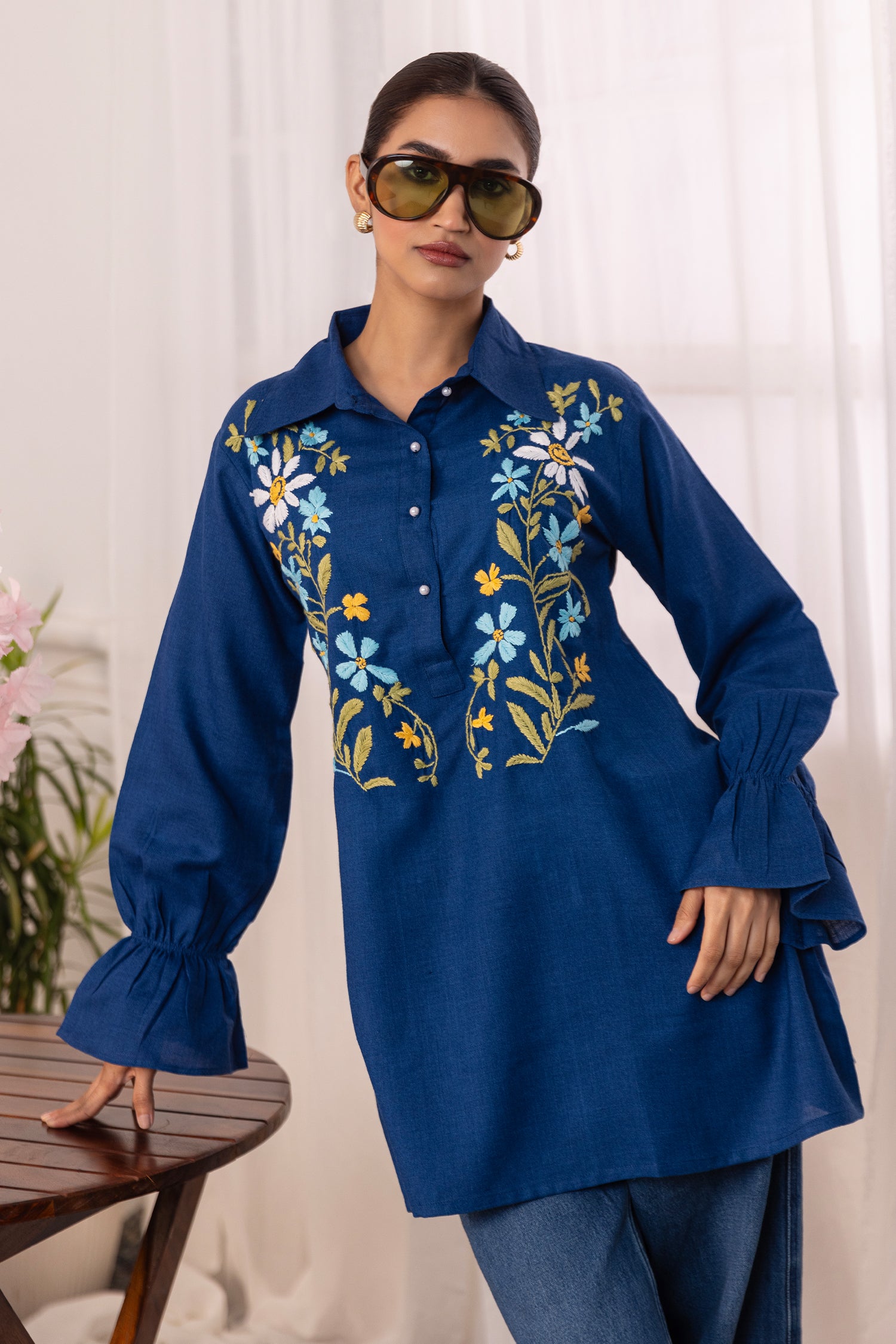 Denim Cotton Chikankari Shirt Kurta