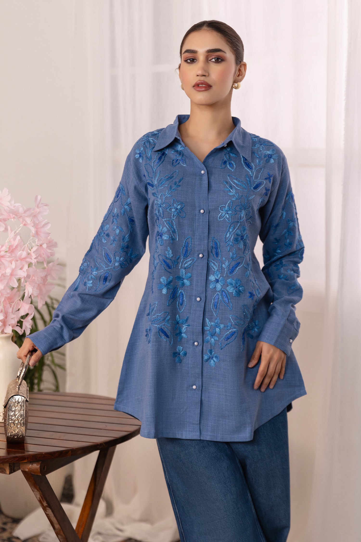 Denim Cotton Chikankari Shirt - Blue