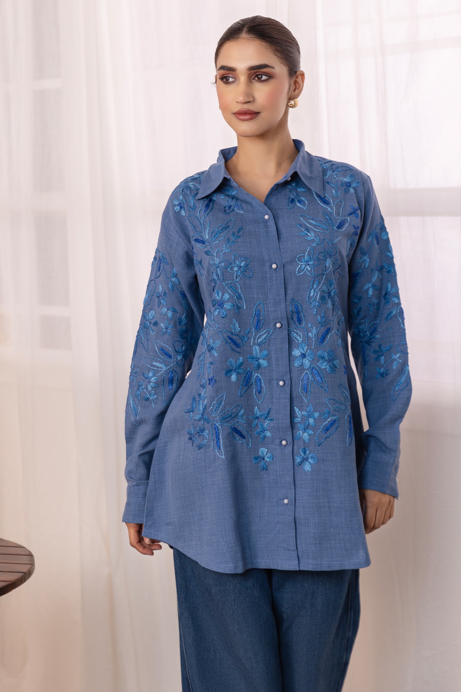 Denim Cotton Chikankari Shirt - Blue