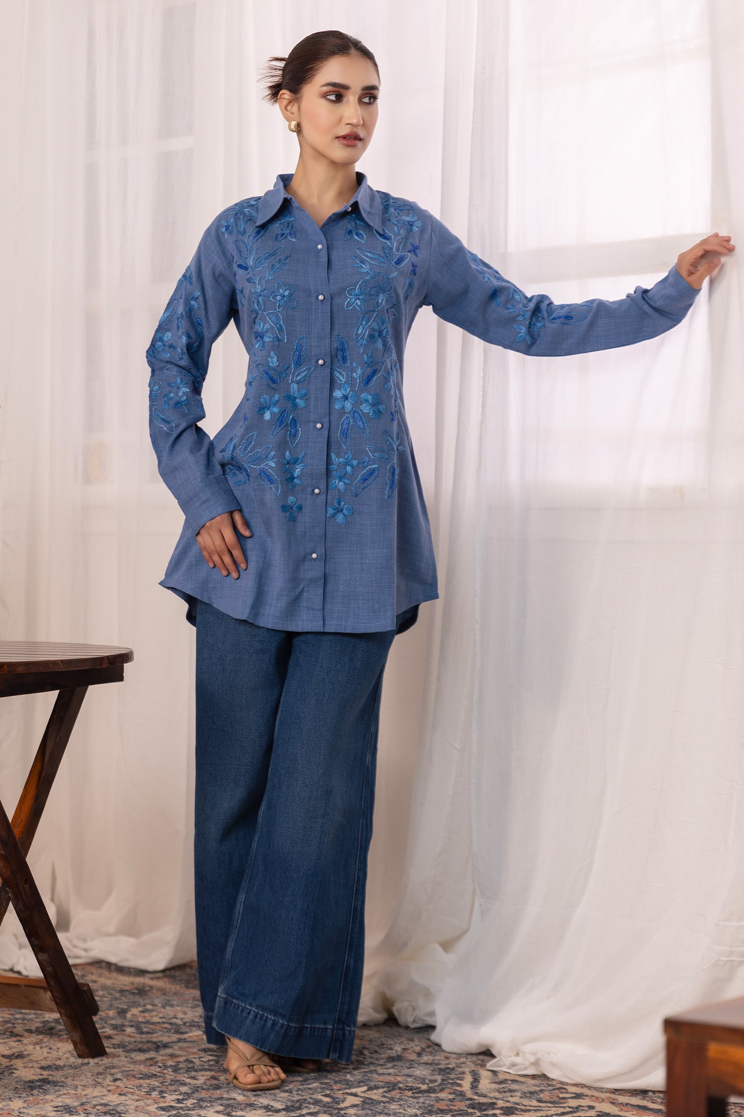 Denim Cotton Chikankari Shirt - Blue
