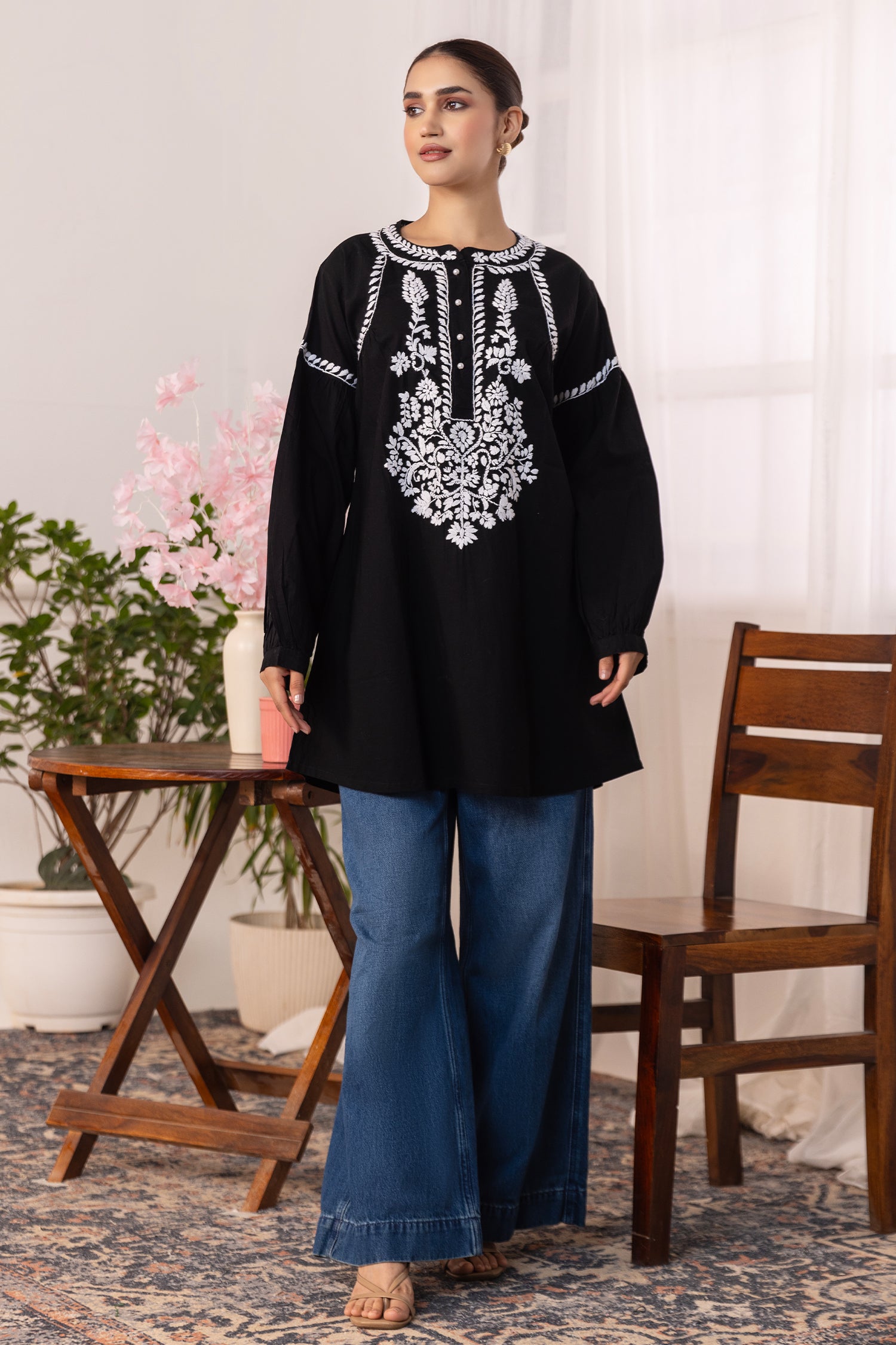 Cotton Chikankari Short Kurta - Black