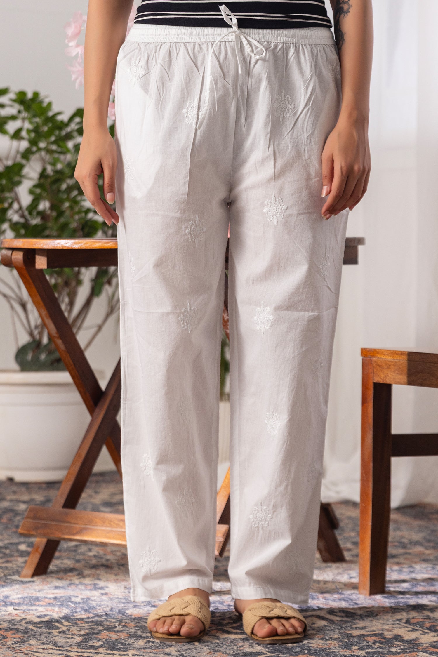 White Chikankari Panel Cotton Bottoms