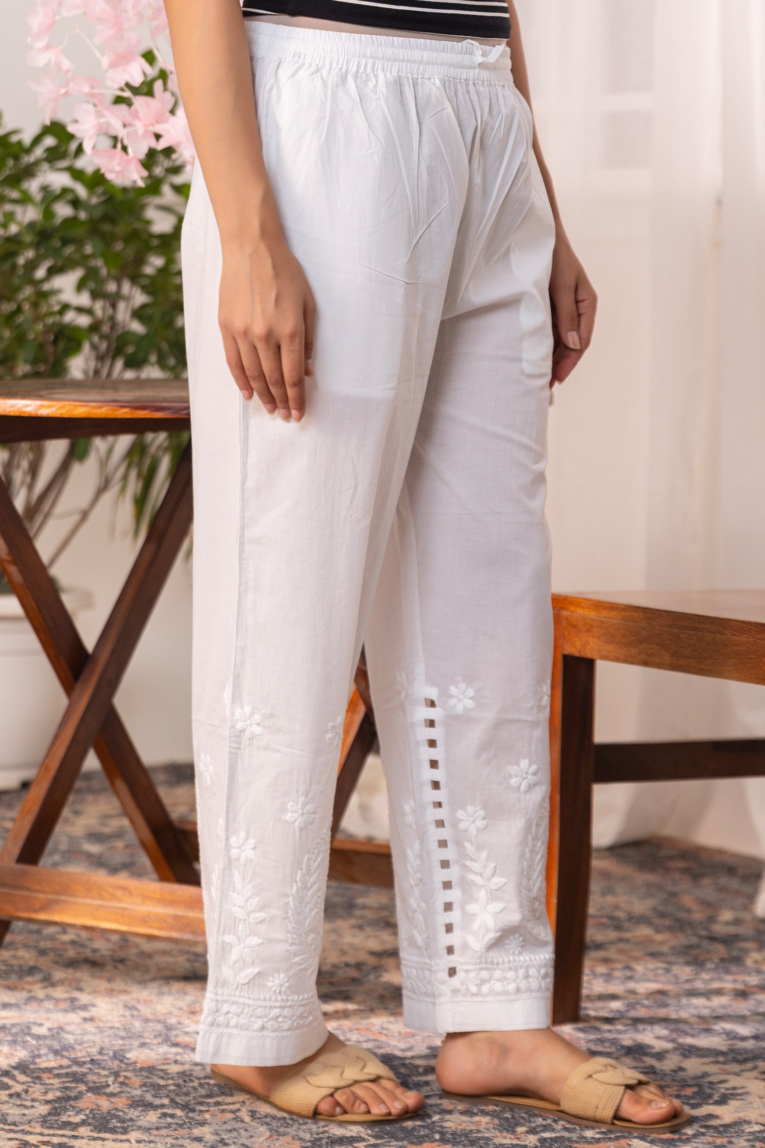 White Chikankari Cutwork Cotton Bottoms