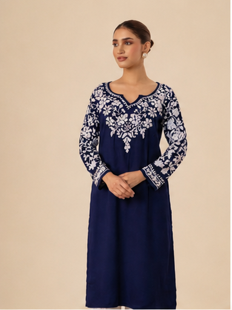 Rayon Chikankari Long Kurta - Navy Blue
