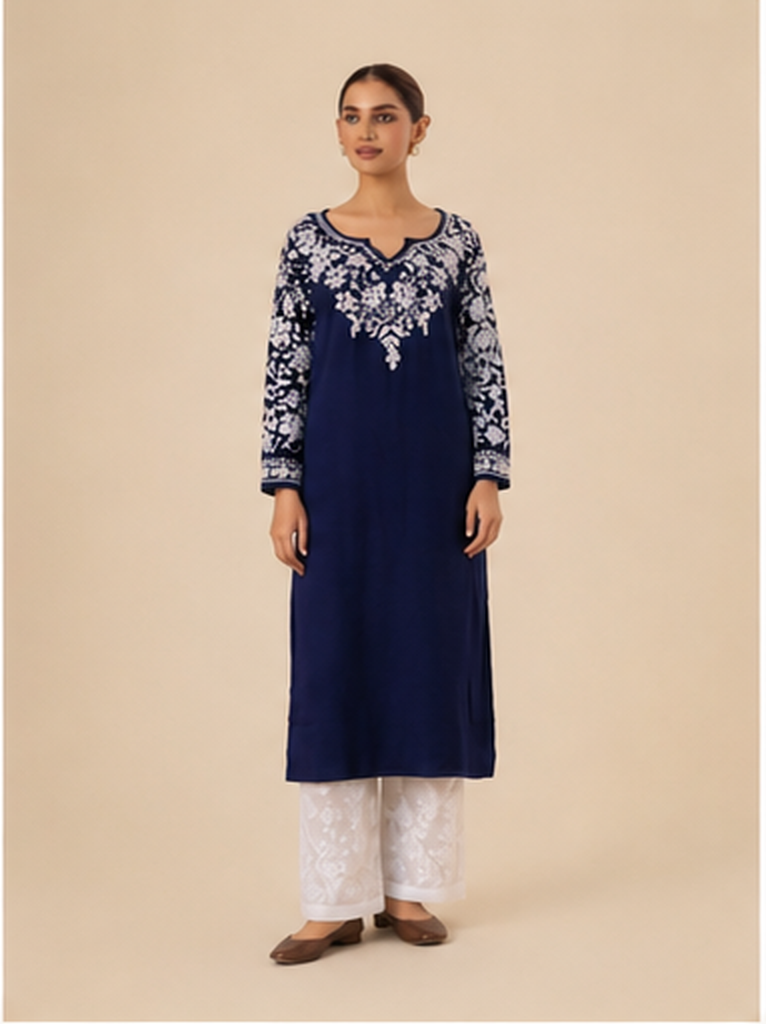 Rayon Chikankari Long Kurta - Navy Blue