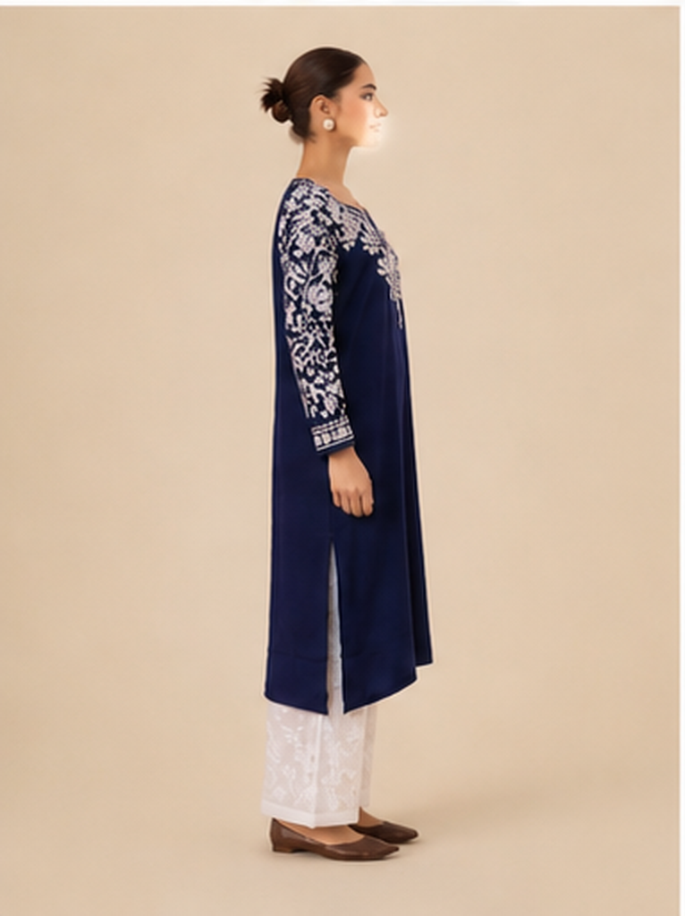 Rayon Chikankari Long Kurta - Navy Blue
