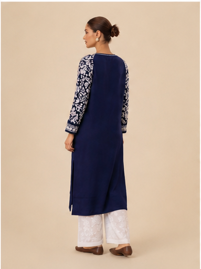 Rayon Chikankari Long Kurta - Navy Blue
