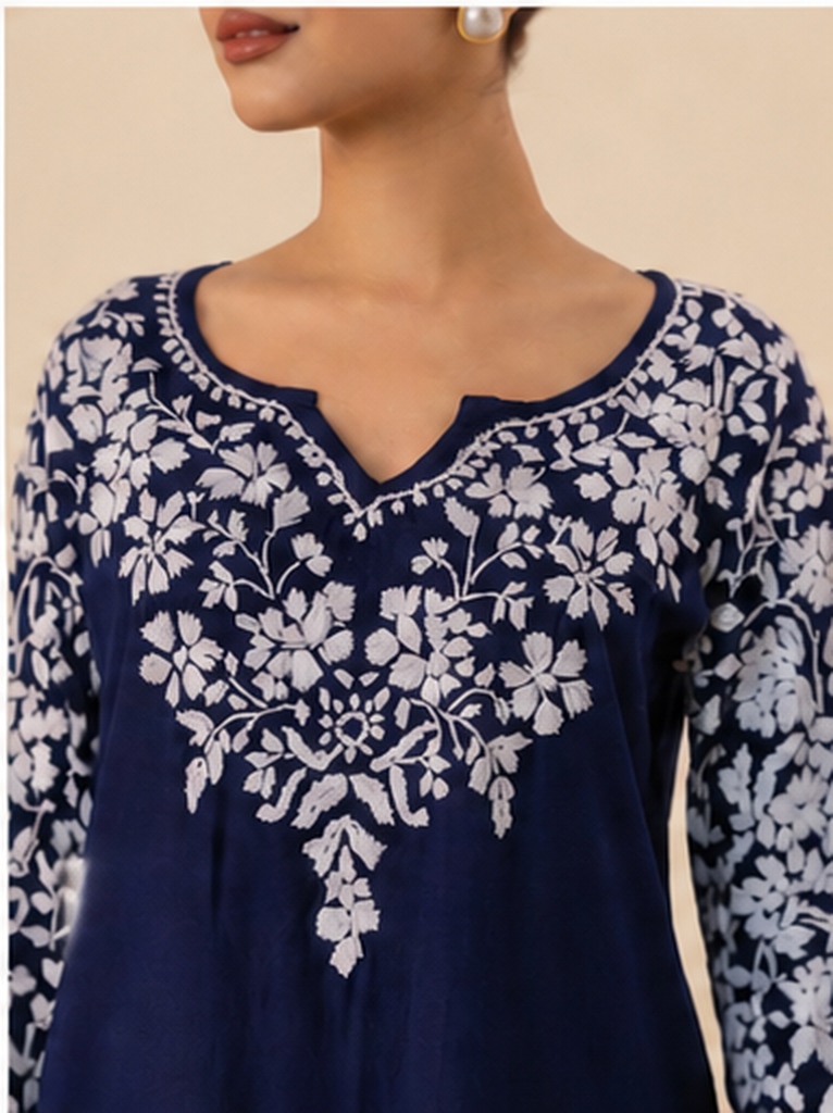 Rayon Chikankari Long Kurta - Navy Blue