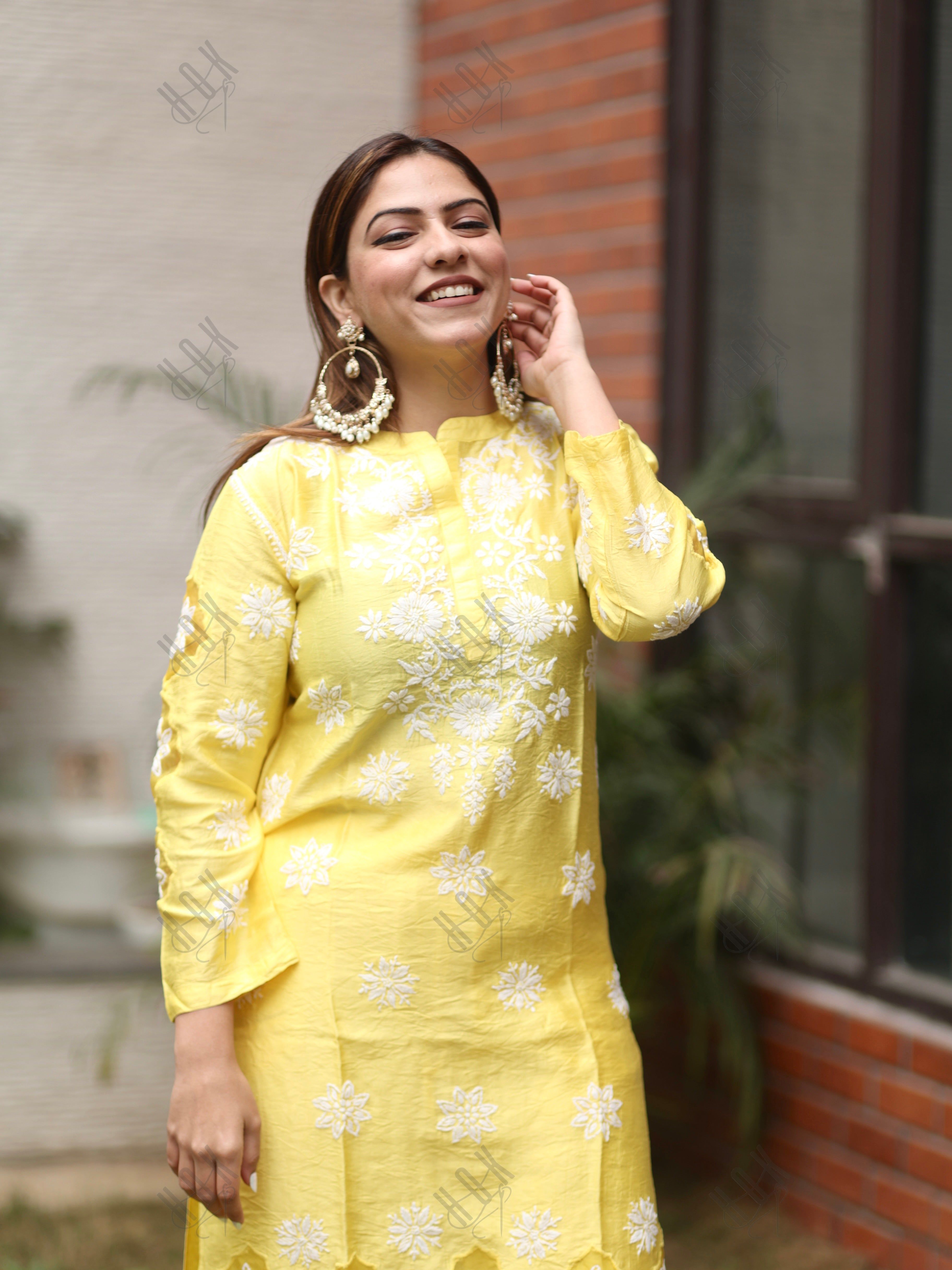 Aanchal Hans in Fizaa Yellow Chikankari Chanderi Silk Kurta Set