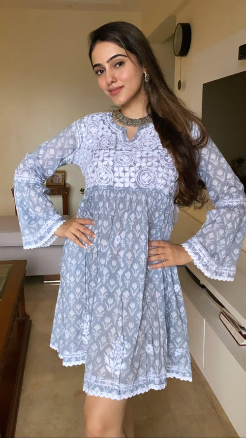 Amita in Chikankari Dress in Mul cotton - Blue - House Of Kari (Chikankari Clothing)