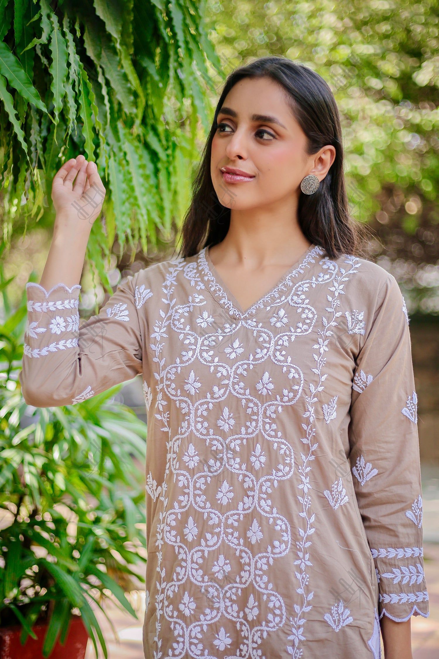 Saba Chikankari Long Kurta In Cotton - Brown