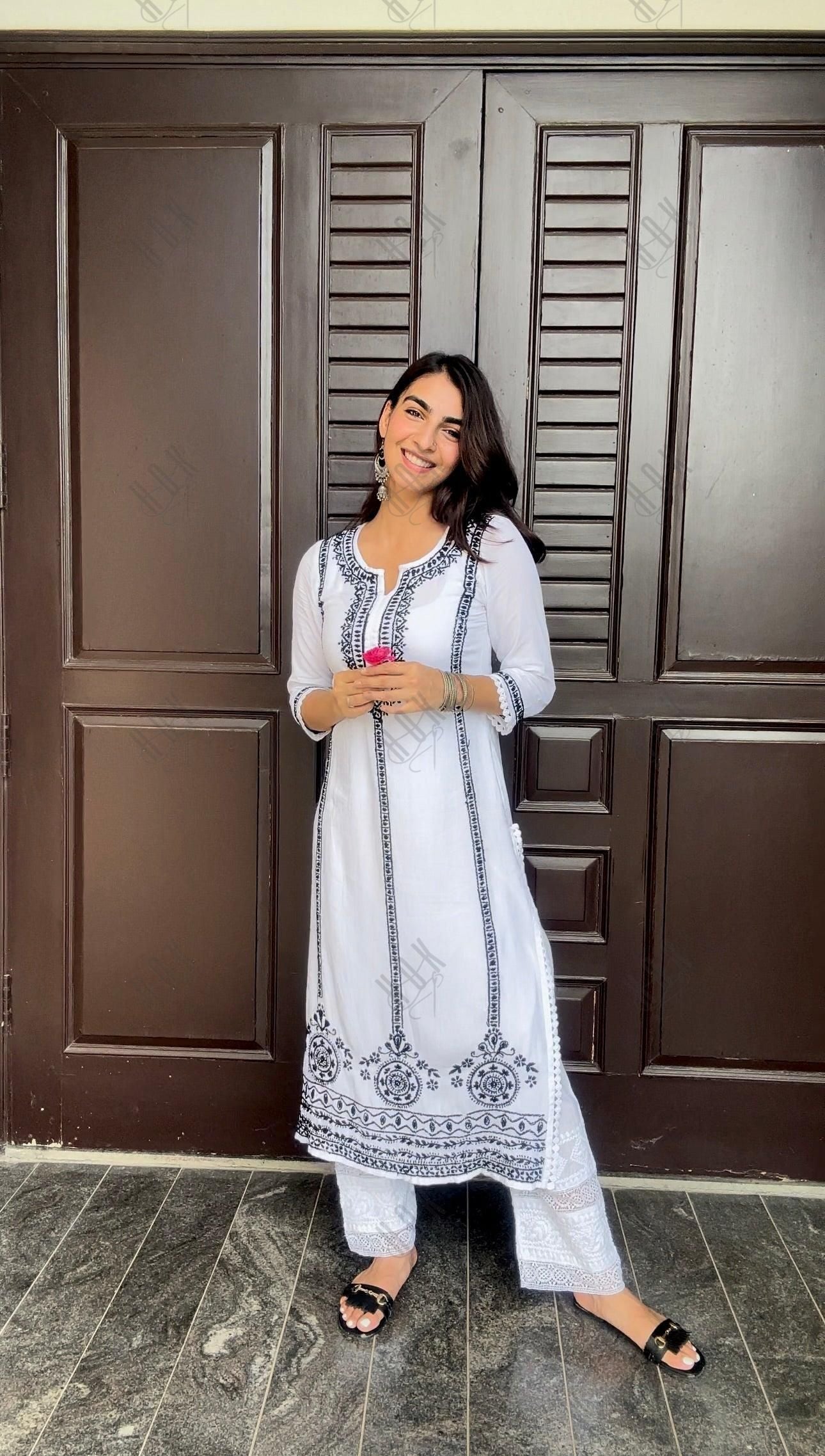 Jiya in HOK Chikankari Long Kurti In Cotton for Women- White With Black - House Of Kari (Chikankari Clothing)