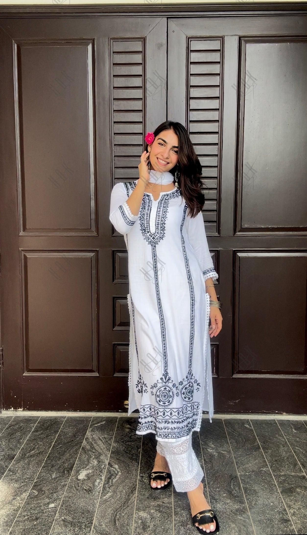 Jiya in HOK Chikankari Long Kurti In Cotton for Women- White With Black - House Of Kari (Chikankari Clothing)