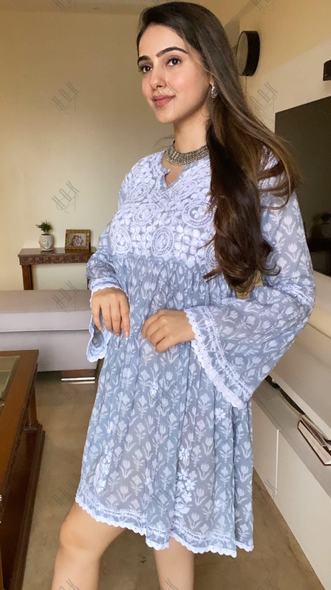 Amita in Chikankari Dress in Mul cotton - Blue - House Of Kari (Chikankari Clothing)