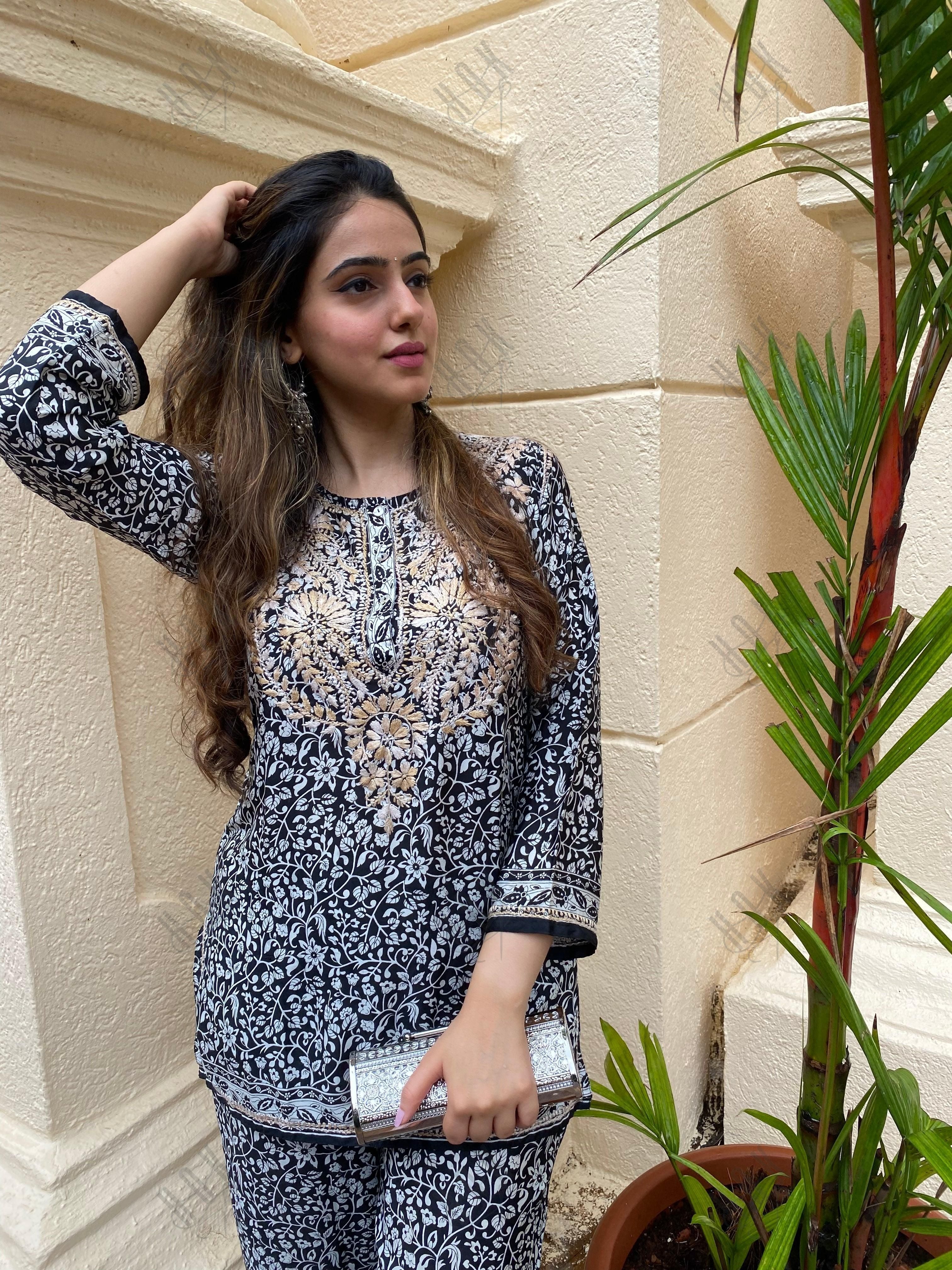 Amita in Chikankari Co-ord set in Polysilk for Women- Black With Golden - House Of Kari (Chikankari Clothing)