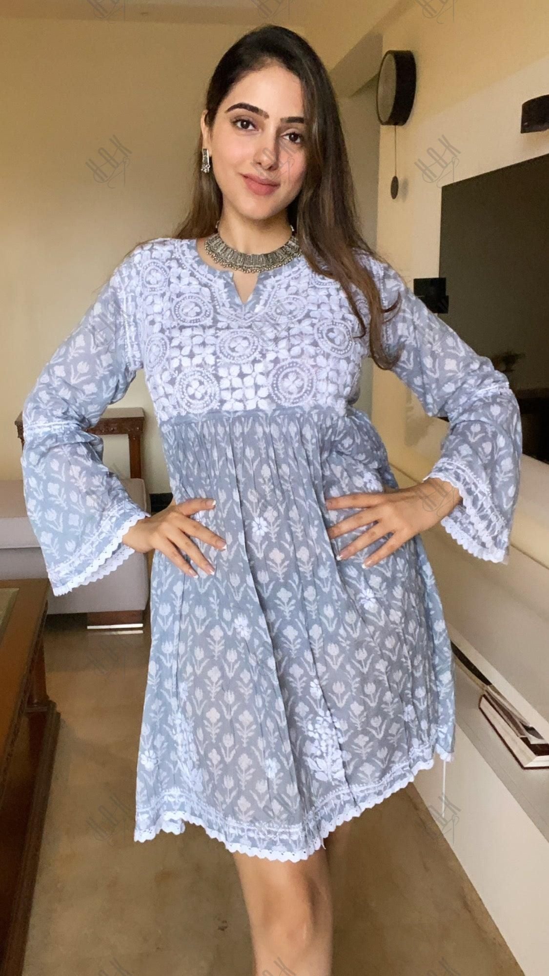 Amita in Chikankari Dress in Mul cotton - Blue - House Of Kari (Chikankari Clothing)