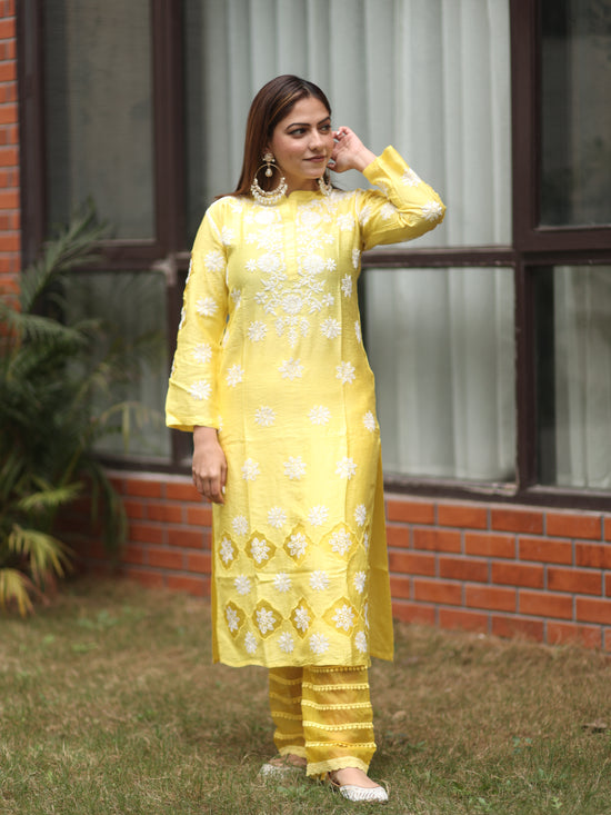 Aanchal Hans in Fizaa Yellow Chikankari Chanderi Silk Kurta Set