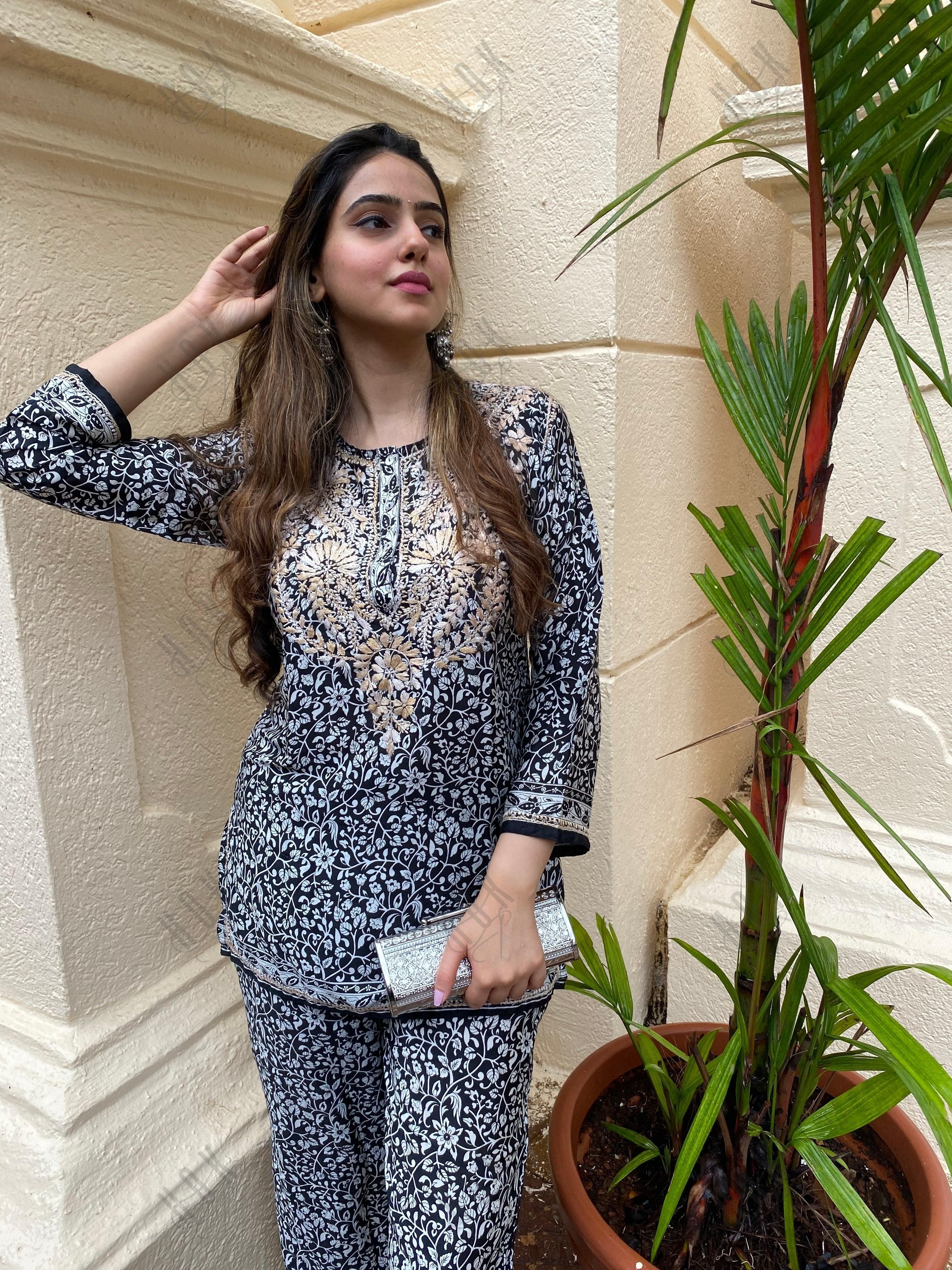 Amita in Chikankari Co-ord set in Polysilk for Women- Black With Golden - House Of Kari (Chikankari Clothing)