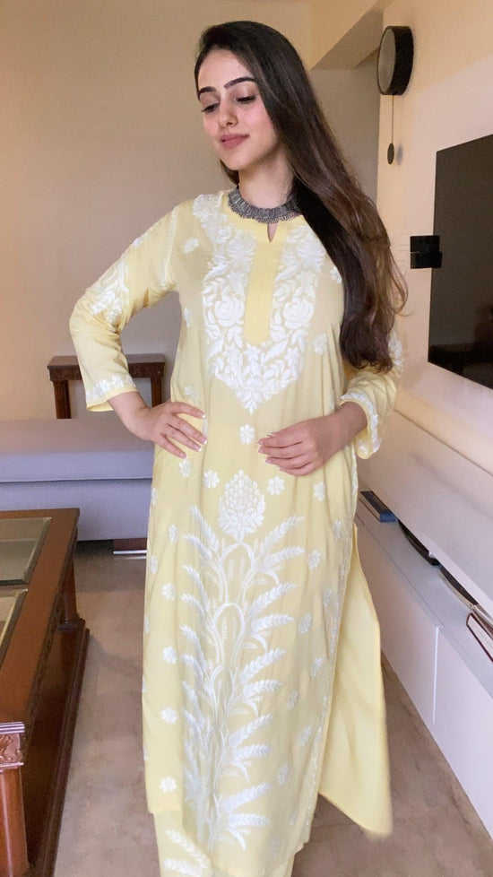 Load image into Gallery viewer, Amita in Chikankari CO-ORD Set In Modal Cotton for Women In Yellow - House Of Kari (Chikankari Clothing)
