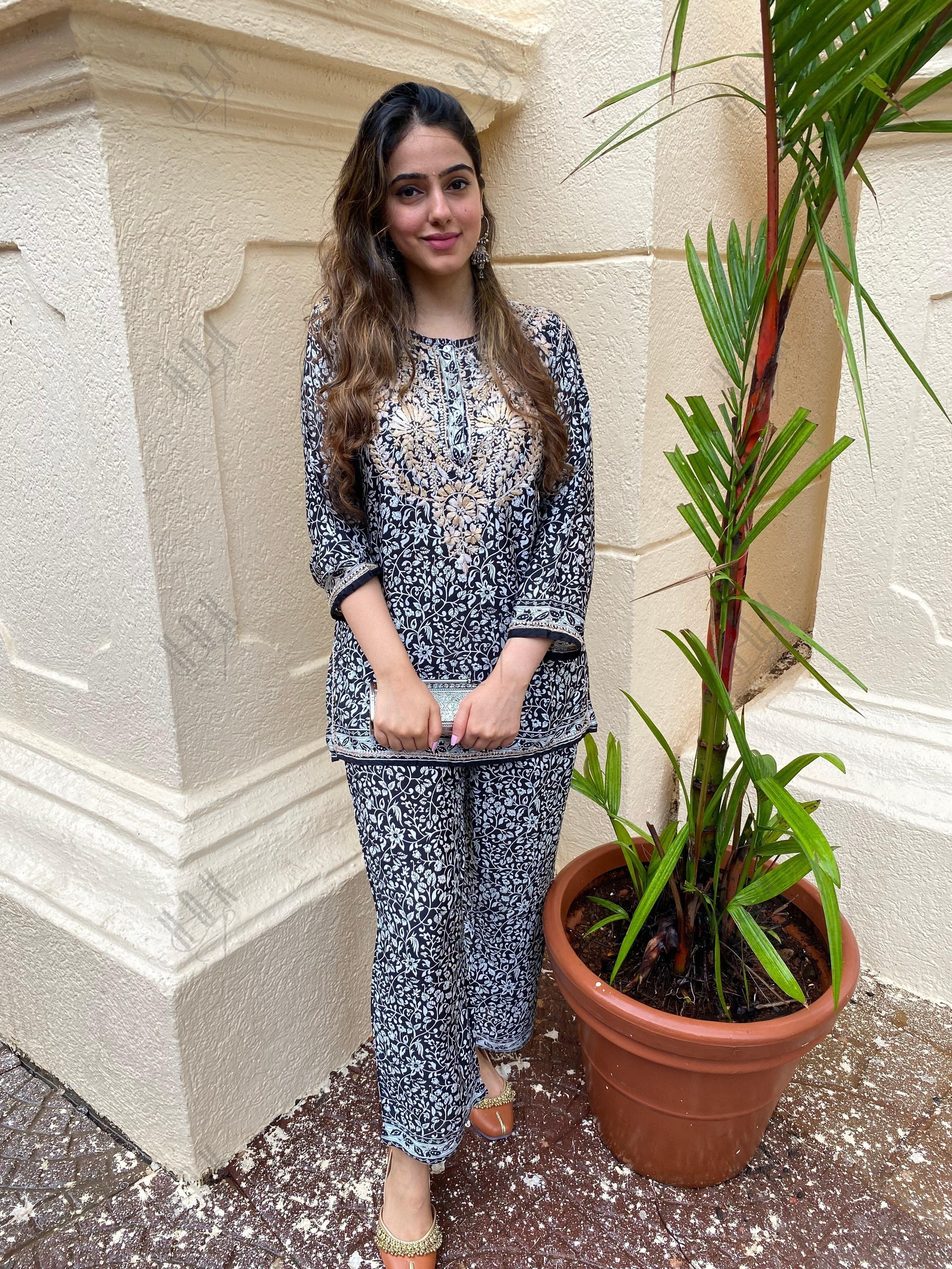 Amita in Chikankari Co-ord set in Polysilk for Women- Black With Golden - House Of Kari (Chikankari Clothing)