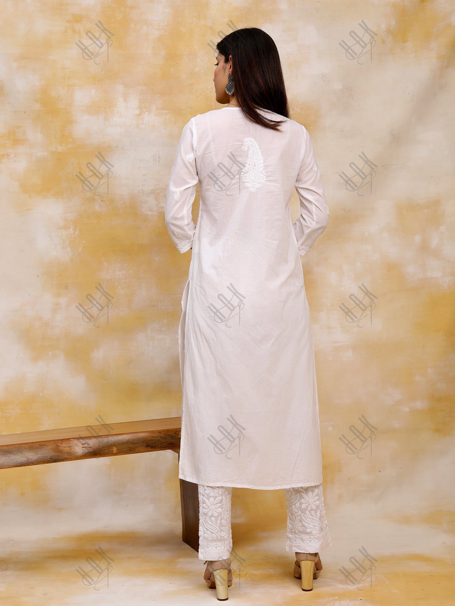 Hand embroidery Chikankari Dress-White