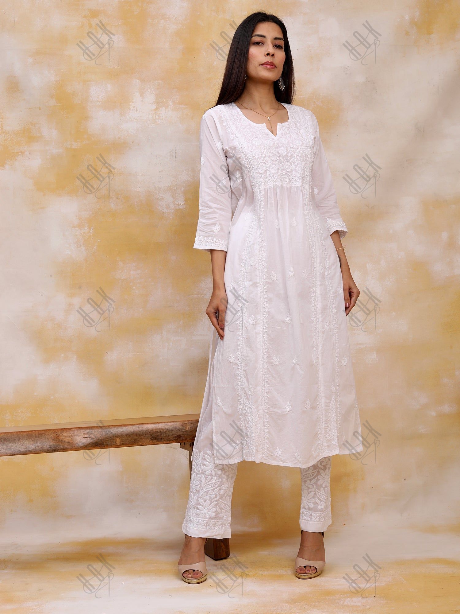 Hand embroidery Chikankari Dress-White