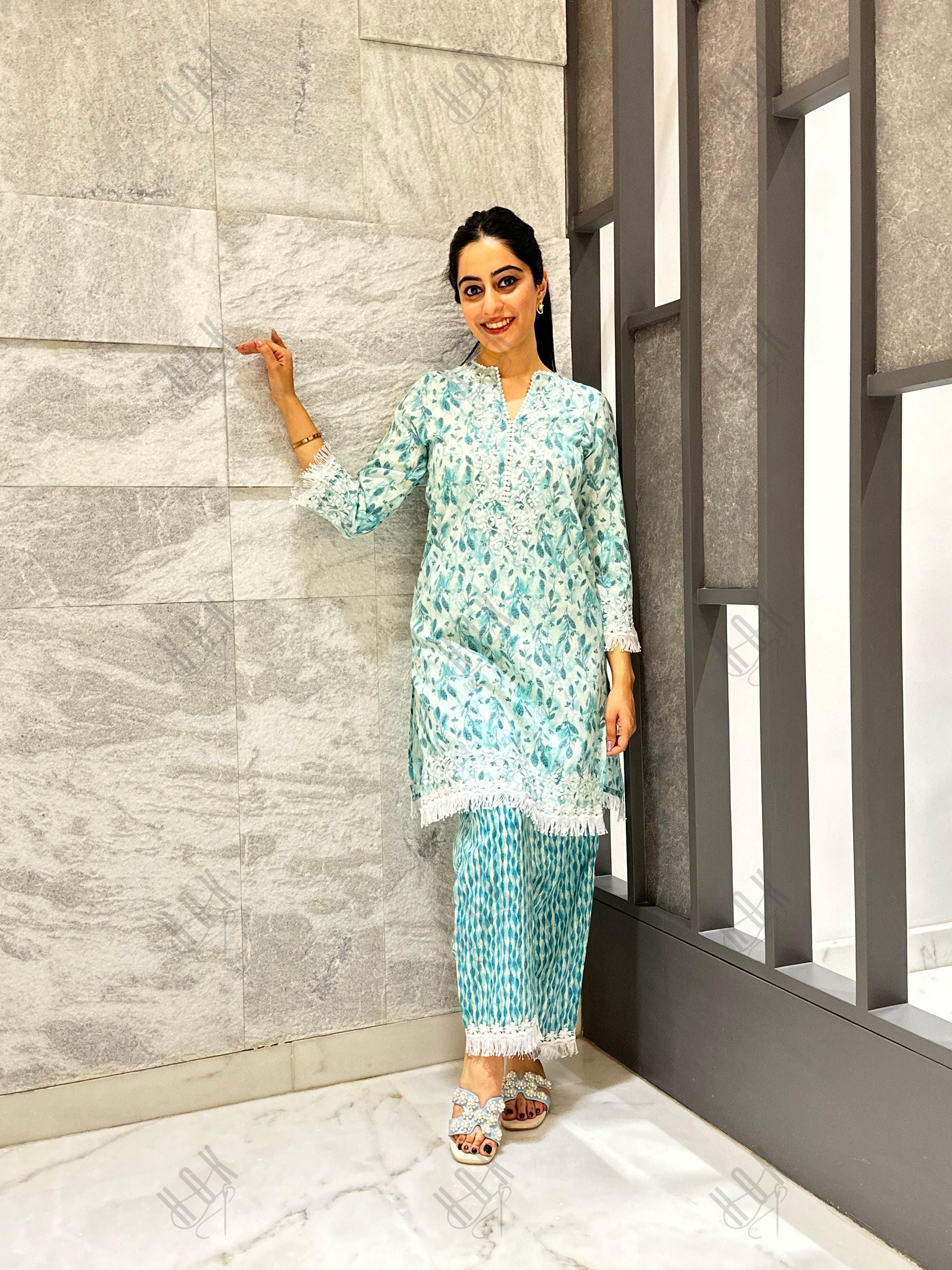 Nikita in Chikankari Co-ord set in Cotton for Women- Green - House Of Kari (Chikankari Clothing)