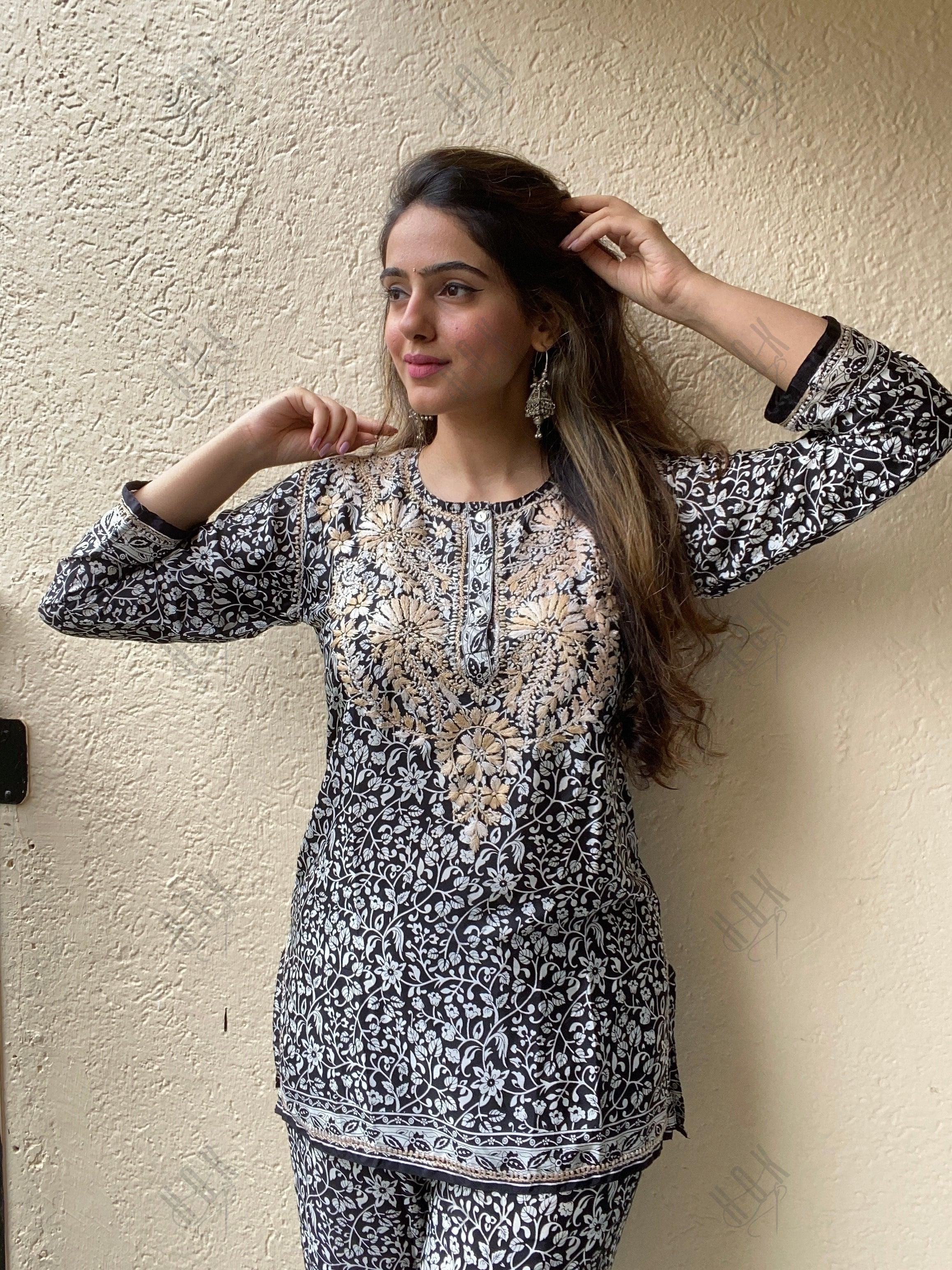 Amita in Chikankari Co-ord set in Polysilk for Women- Black With Golden - House Of Kari (Chikankari Clothing)