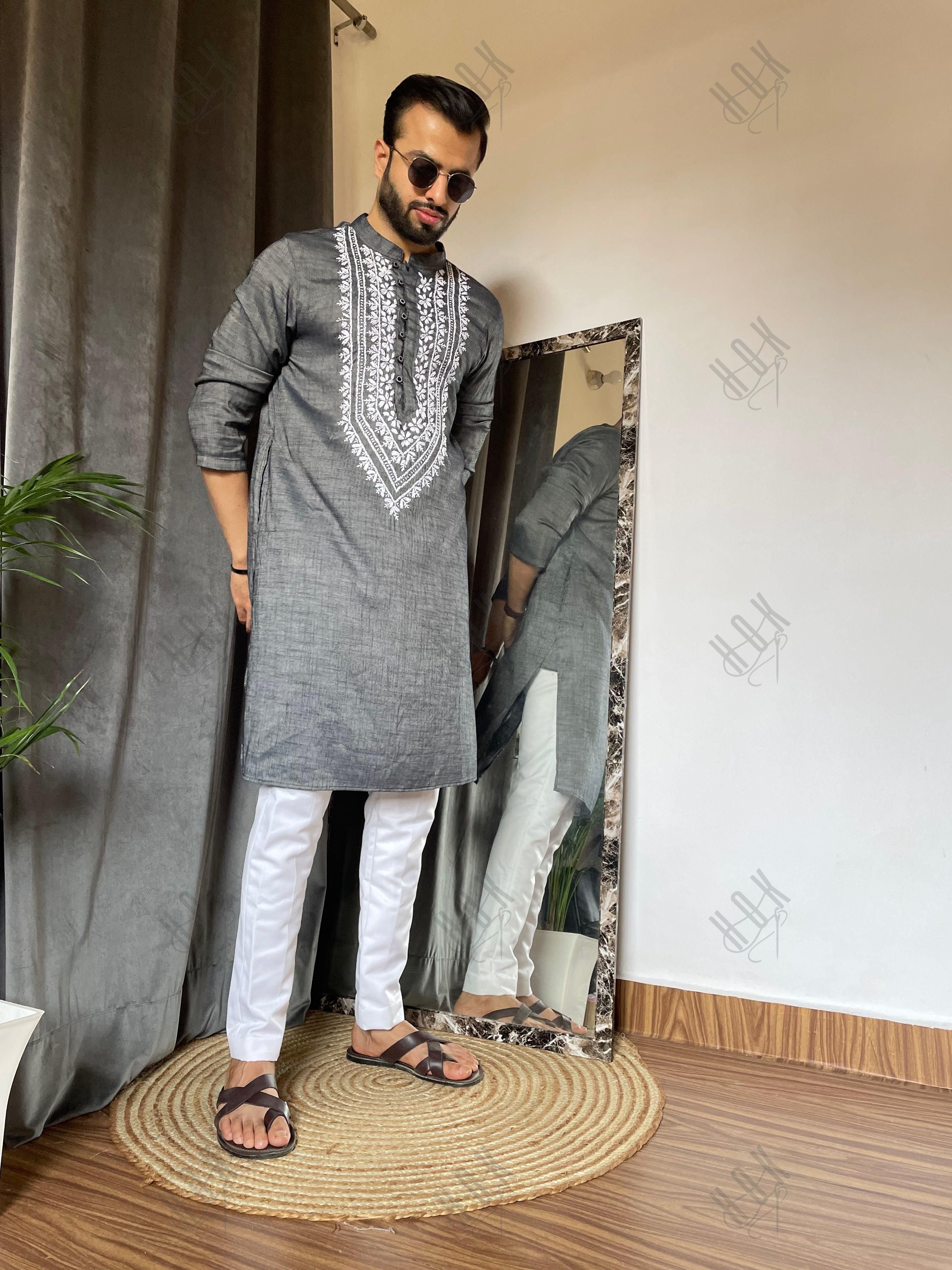 Hemant in HOK Men's Chikankari Kurta in Cotton Silk Blend - Grey - House Of Kari (Chikankari Clothing)