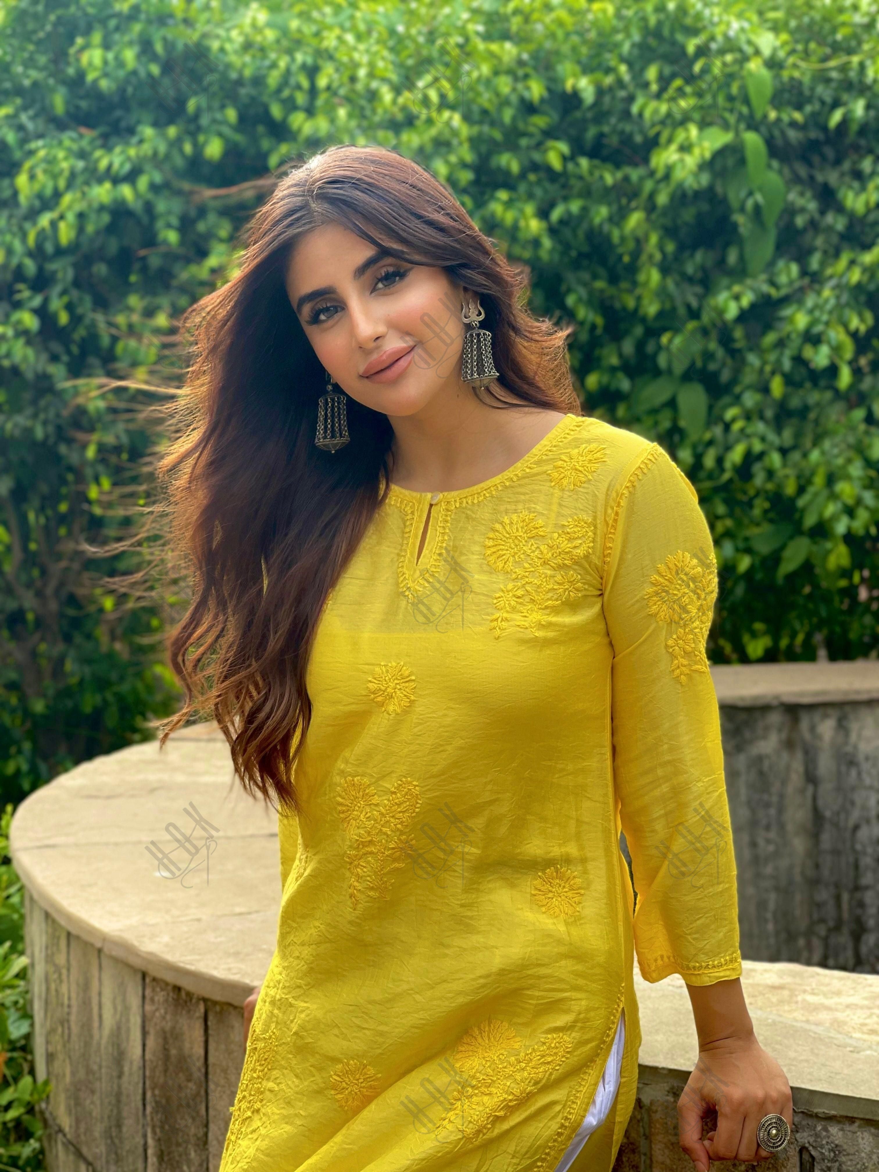 Miesha in House of kari Long Kurta in Chanderi Silk Long Kurta for Women - Yellow - House Of Kari (Chikankari Clothing)