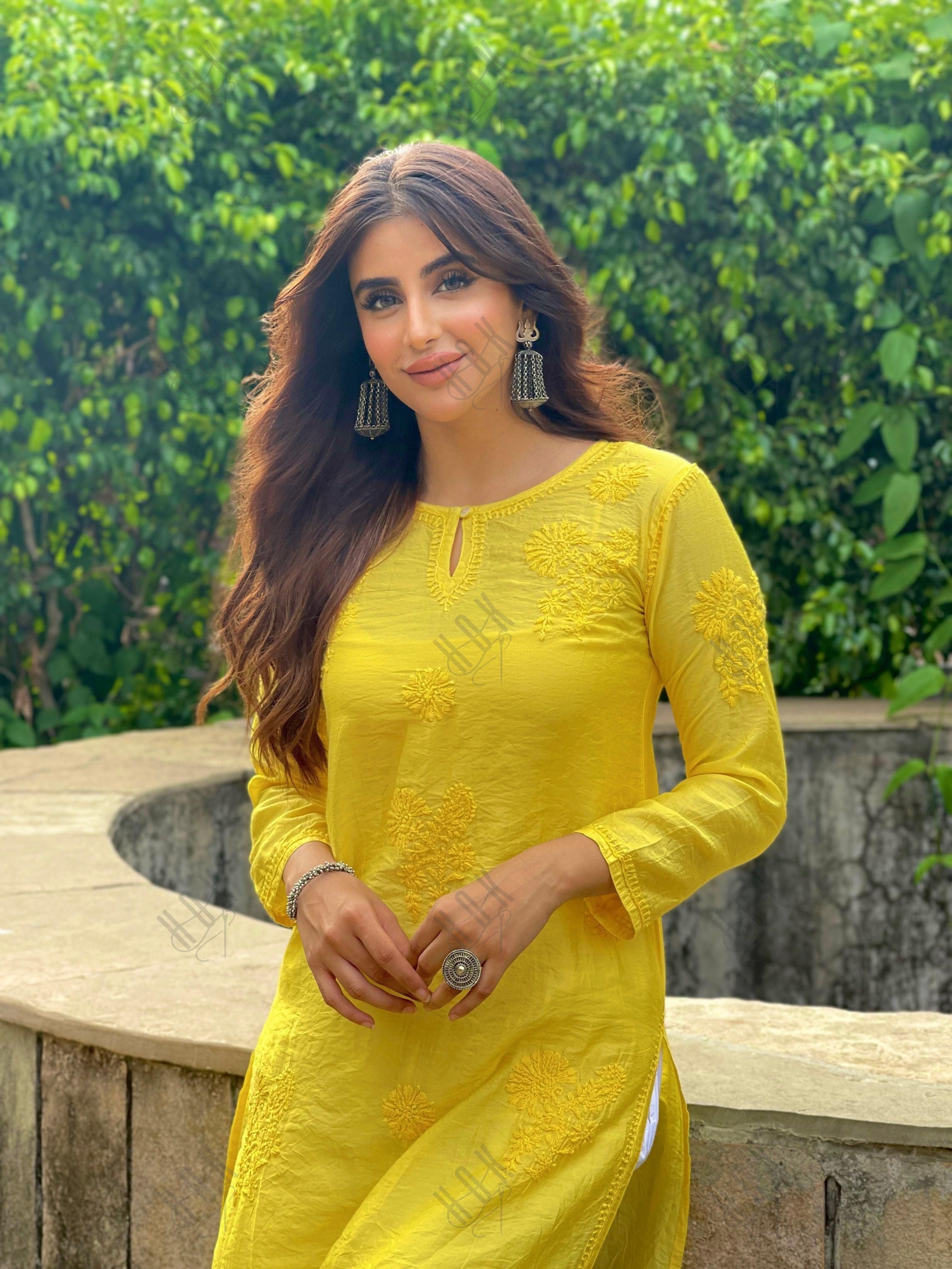 Miesha in House of kari Long Kurta in Chanderi Silk Long Kurta for Women - Yellow - House Of Kari (Chikankari Clothing)