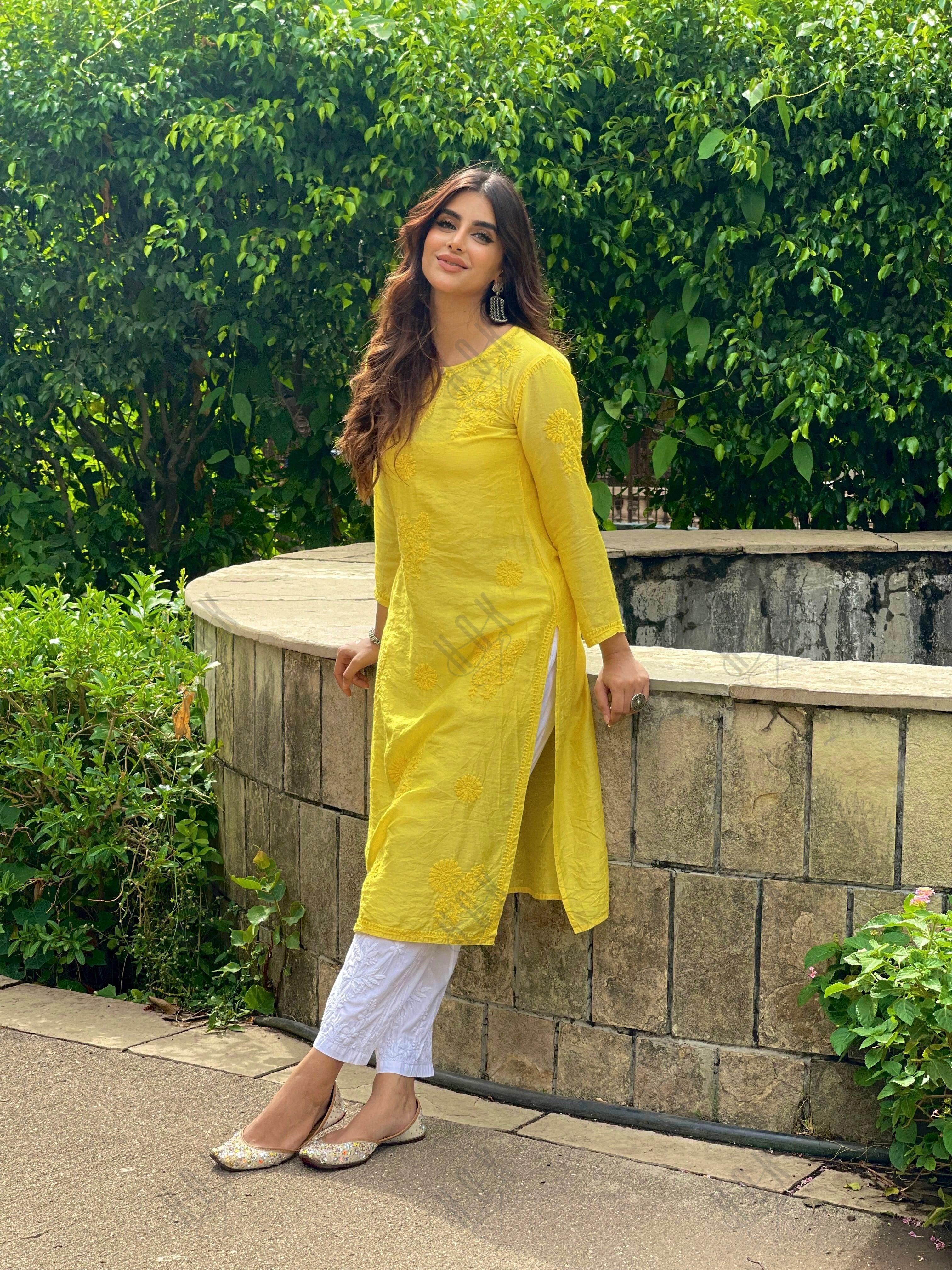 Miesha in House of kari Long Kurta in Chanderi Silk Long Kurta for Women - Yellow - House Of Kari (Chikankari Clothing)