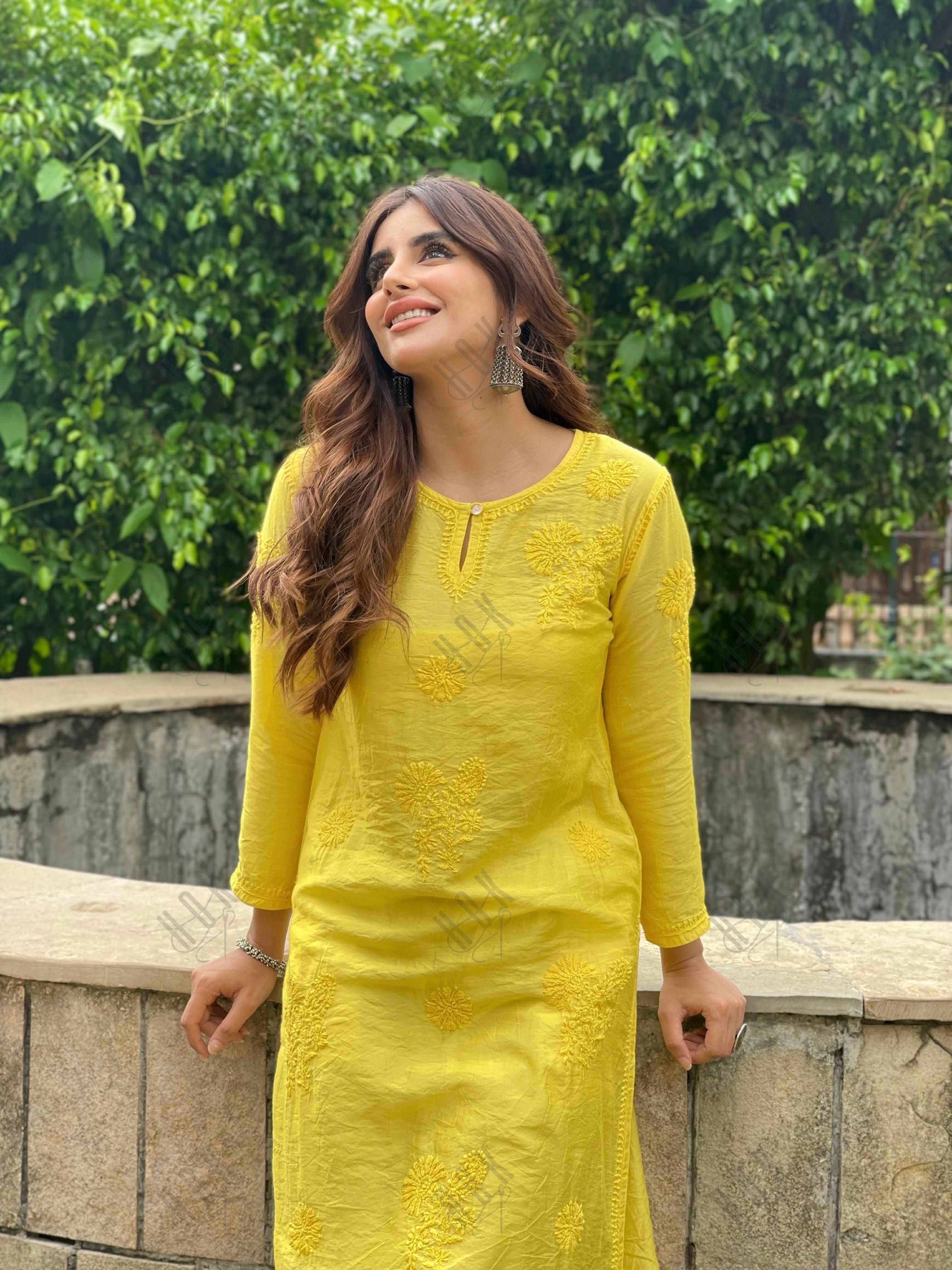 Miesha in House of kari Long Kurta in Chanderi Silk Long Kurta for Women - Yellow - House Of Kari (Chikankari Clothing)