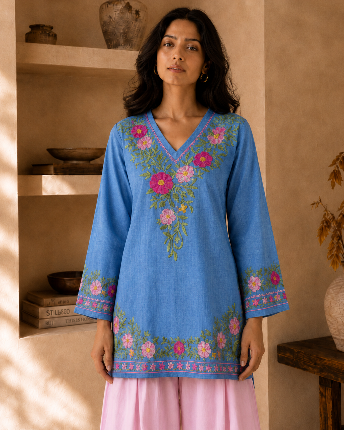 Juhee singh In Kashmiri Aari Denim Short Kurta V-Neck - Blue