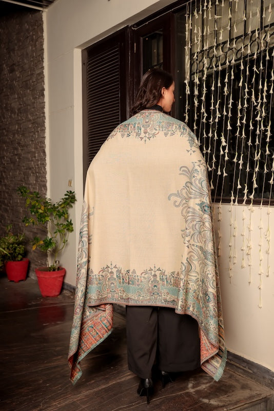 Wool Blend Mahal Border Shawl – Woven Beige