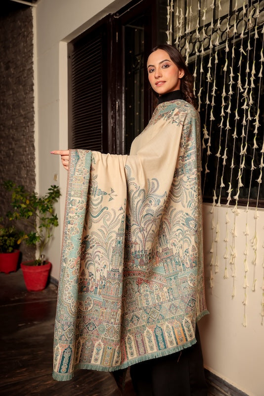 Wool Blend Mahal Border Shawl – Woven Beige