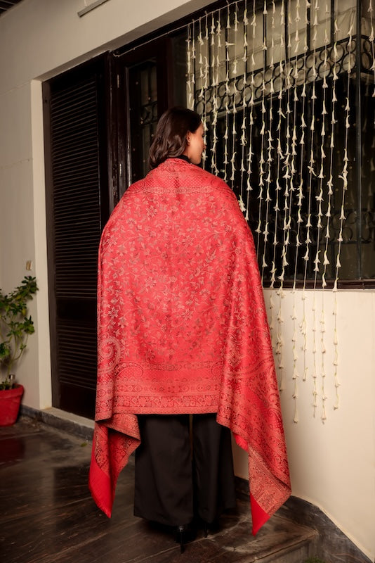 Wool Blend Kani Shawl – Woven Maroon