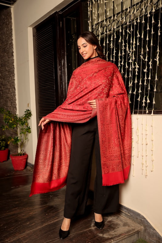 Wool Blend Kani Shawl – Woven Maroon