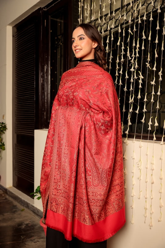 Wool Blend Kani Shawl – Woven Maroon