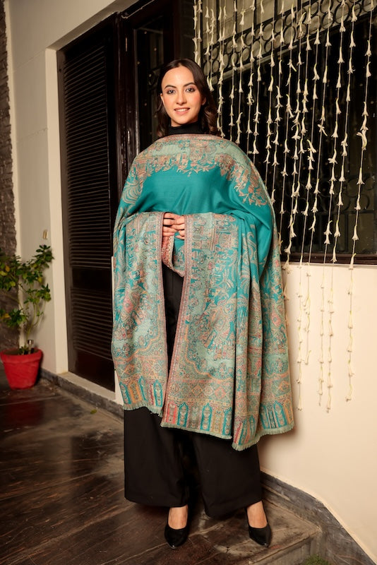 Wool Blend Mahal Border Shawl – Woven Teal