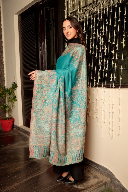 Wool Blend Mahal Border Shawl – Woven Teal