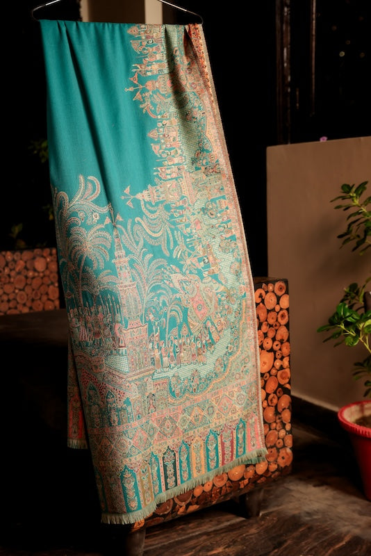 Wool Blend Mahal Border Shawl – Woven Teal
